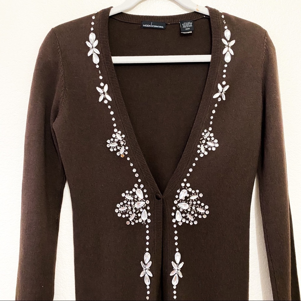 Moda Int Brown Cashmere Rhinestones Cardigan XXS - Picture 7 of 7